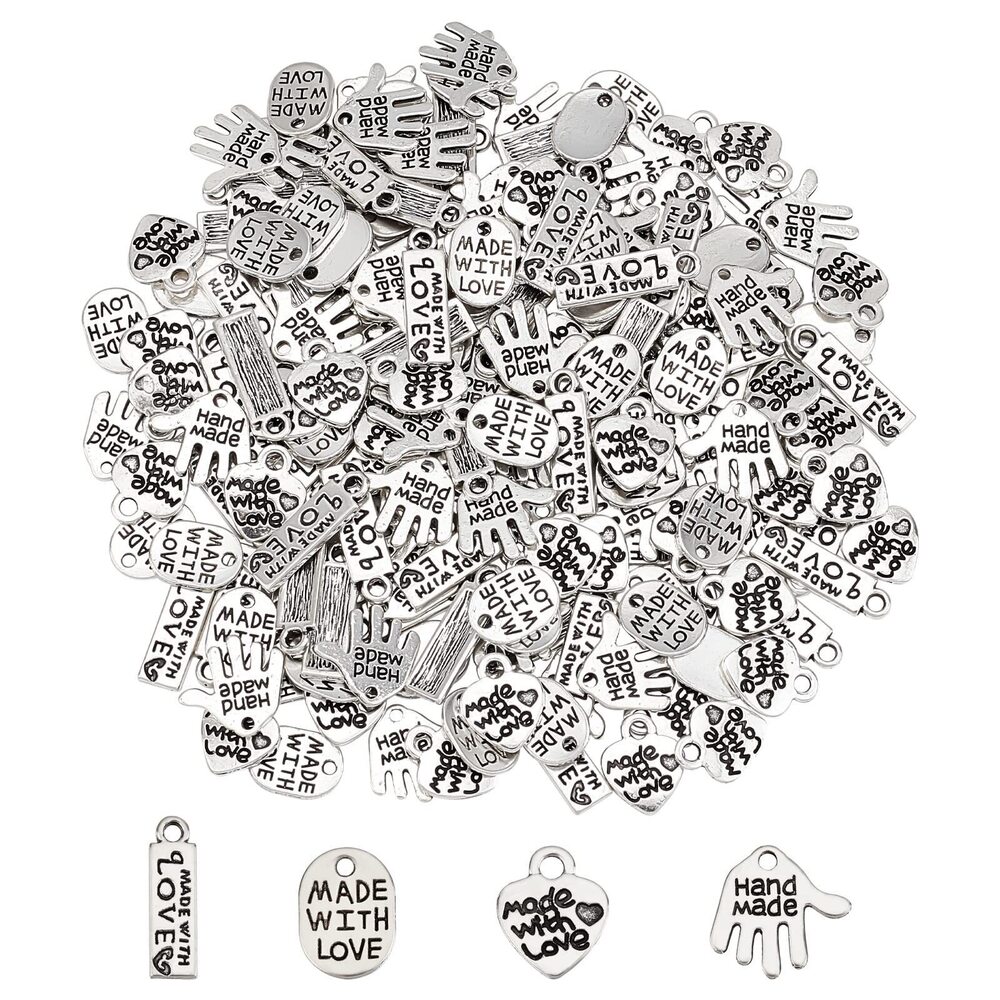 6043 200Pcs 4 Shapes Alloy Word Message Charms Pendants Handmade Made